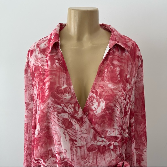 New ASOS Ruffle Chiffon Dress Sz 20 Long Sleeves Faux Wrap Toile Barbiecore - Picture 3 of 11